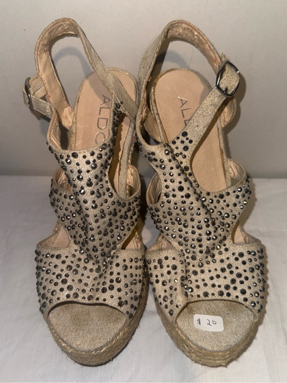 High Heels ALDO Champagne Gold Rhinestone Wedge Sandals